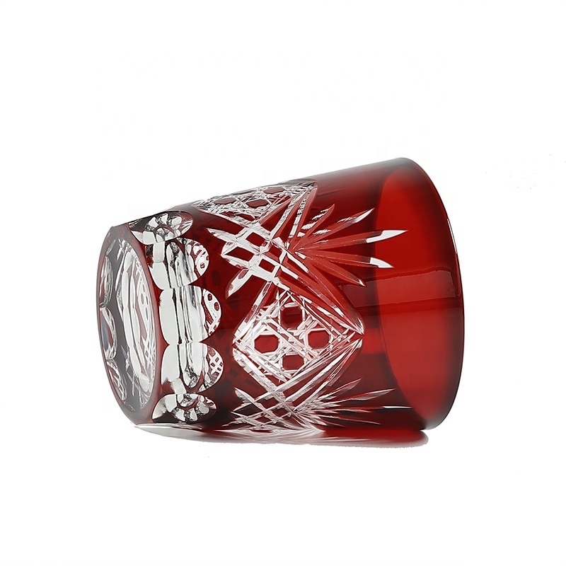 Edo Kiriko Hand-Cut Ruby Red Shot Glass Traditional Old-Fashioned Design with Clear Glass Cup Decor