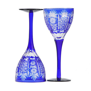 Exquisite Hand blown Blue Cased Glass and hand cut to clear sunflower pattern wine glass goblet for drinking wine