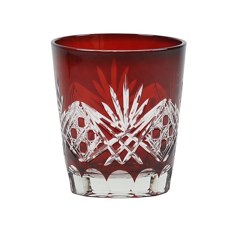 Edo Kiriko Hand-Cut Ruby Red Shot Glass Traditional Old-Fashioned Design with Clear Glass Cup Decor