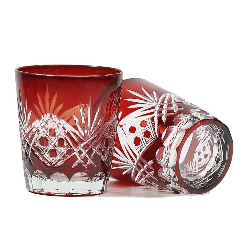 Edo Kiriko Hand-Cut Ruby Red Shot Glass Traditional Old-Fashioned Design with Clear Glass Cup Decor