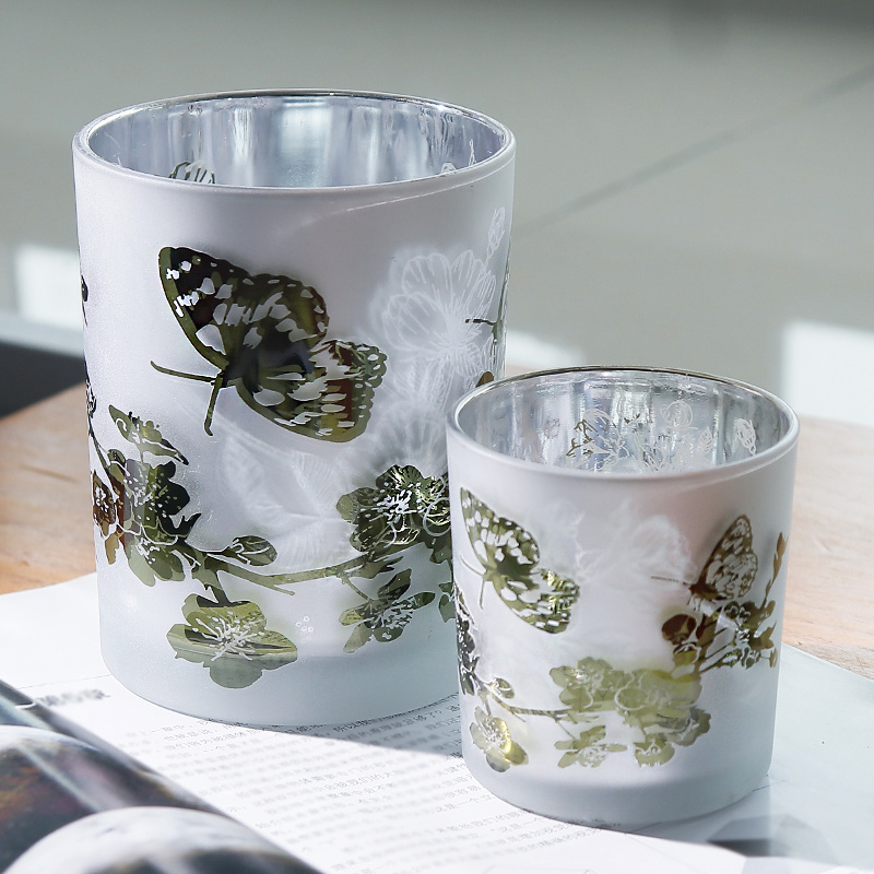 Wholesale popular internal electroplating frosted  color green butterflies  pattern candle jar holder with wooden lid