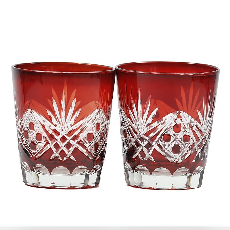 Edo Kiriko Hand-Cut Ruby Red Shot Glass Traditional Old-Fashioned Design with Clear Glass Cup Decor