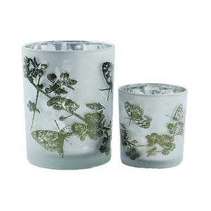 Wholesale popular internal electroplating frosted  color green butterflies  pattern candle jar holder with wooden lid