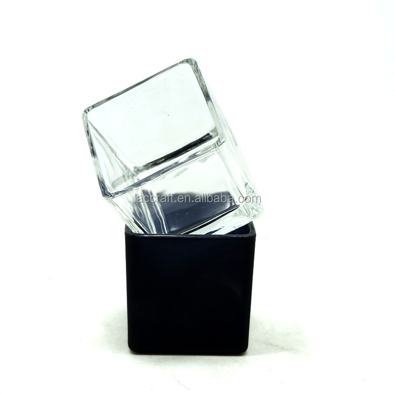 Glass square votive candle holder  black clear frosted white candle jar