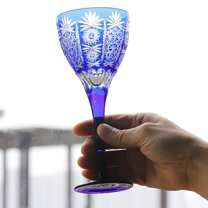 Exquisite Hand blown Blue Cased Glass and hand cut to clear sunflower pattern wine glass goblet for drinking wine