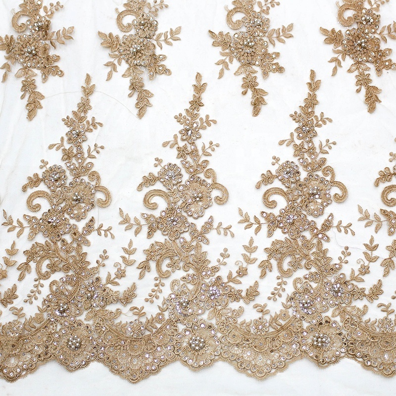 French gold beaded sequin cord mesh lace fabric from african wedding dress