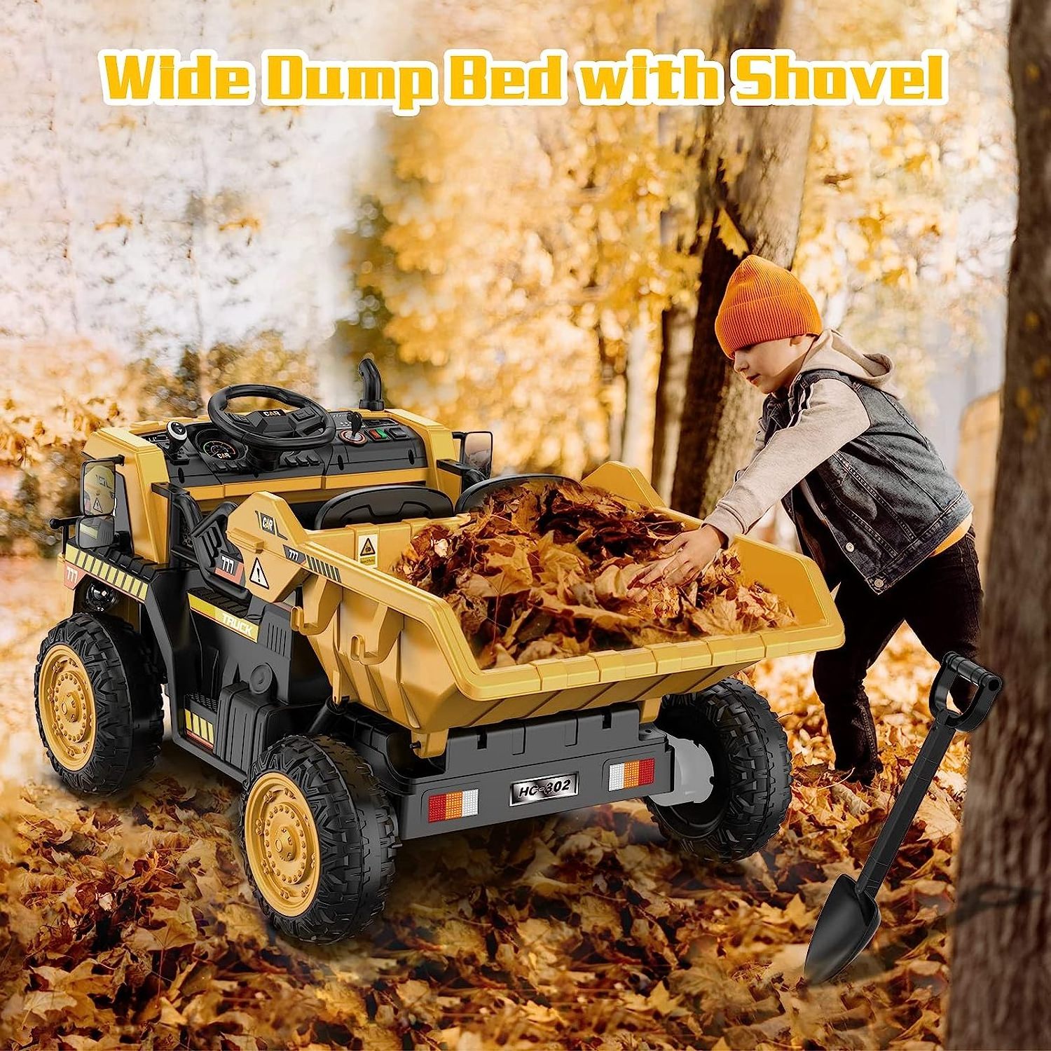 ANPABO Ride on Dump Truck, 12V Ride on Car with Remote Control, Electric Dump Bed and Extra Shovel with Music Player