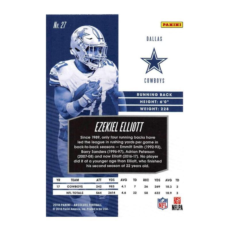 2018 Absolute Football #27 Ezekiel Elliott Dallas Official NFL Trading Card made by Panini