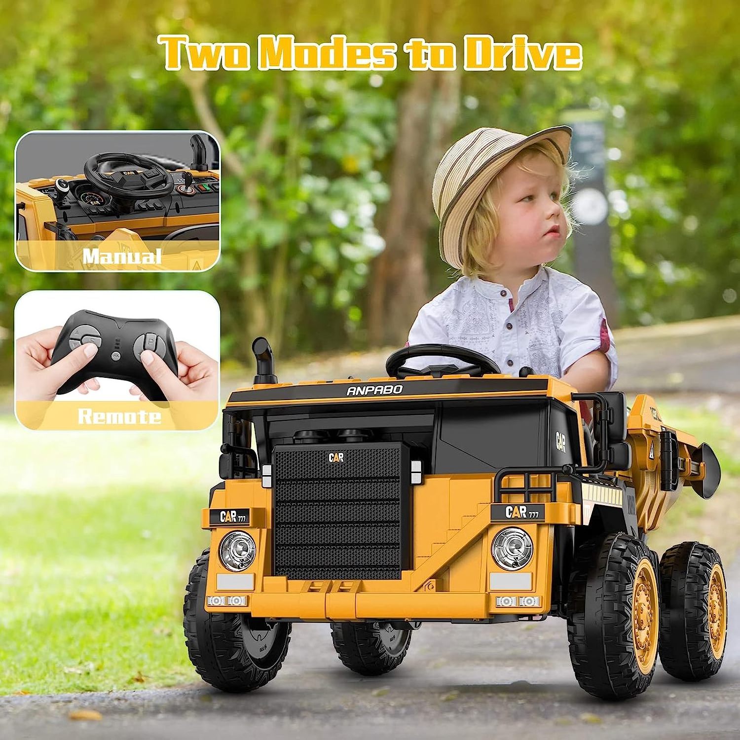 ANPABO Ride on Dump Truck, 12V Ride on Car with Remote Control, Electric Dump Bed and Extra Shovel with Music Player