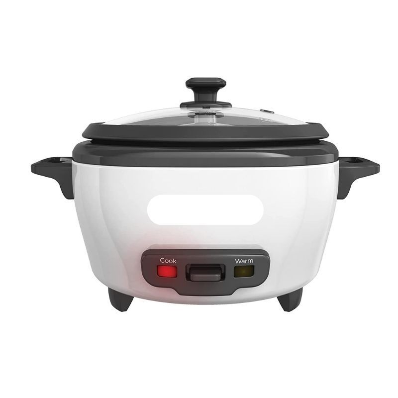 Rice Cooker 6 Cups Cooked (3 Cups Uncooked) with Steaming Basket, Removable Non-Stick Bowl, White