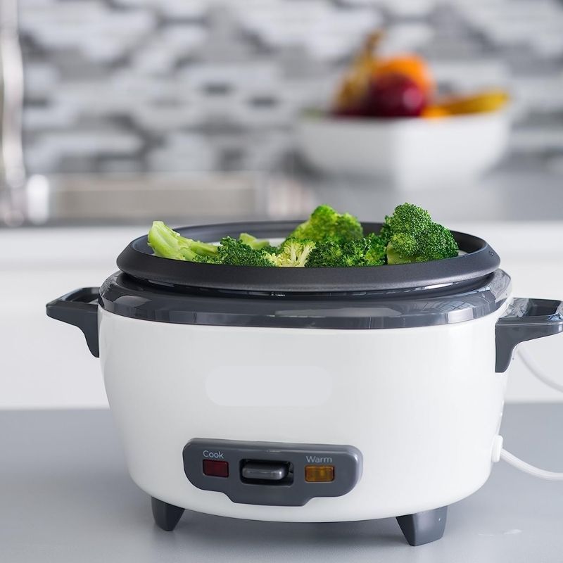 Rice Cooker 6 Cups Cooked (3 Cups Uncooked) with Steaming Basket, Removable Non-Stick Bowl, White