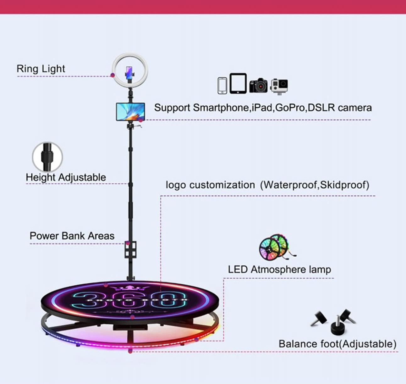 360 Photo Booth Selfie Platform with Slow Motion Portable 360 Video Spin Camera for Parties with Free Logo