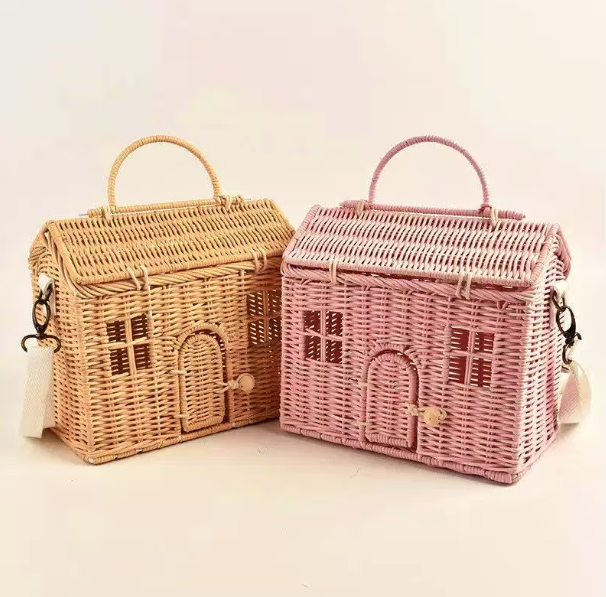 Manufacture Beautiful DIY Roof Rattan House Shaped Basket Wicker Small Dollhouse Gift for Girls Doll Carrier made in Vietnam