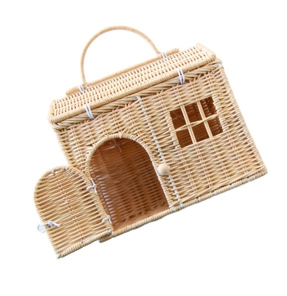 Manufacture Beautiful DIY Roof Rattan House Shaped Basket Wicker Small Dollhouse Gift for Girls Doll Carrier made in Vietnam