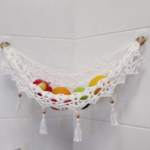 Nice DIY handcrafted cotton macrame fruit hammock with metal hooks Cream Boho Fruit Hammock Crochet Fruit hanger made in Vietnam