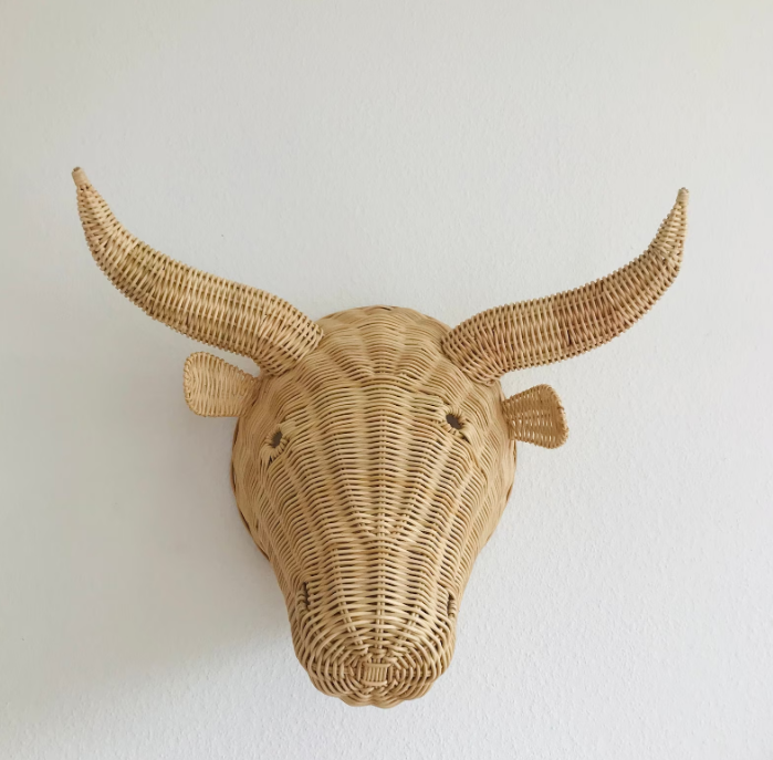 Wholesale beautiful design natural rattan woven Wicker Buffalo Head Wall decoration hanging for nursery or kids room