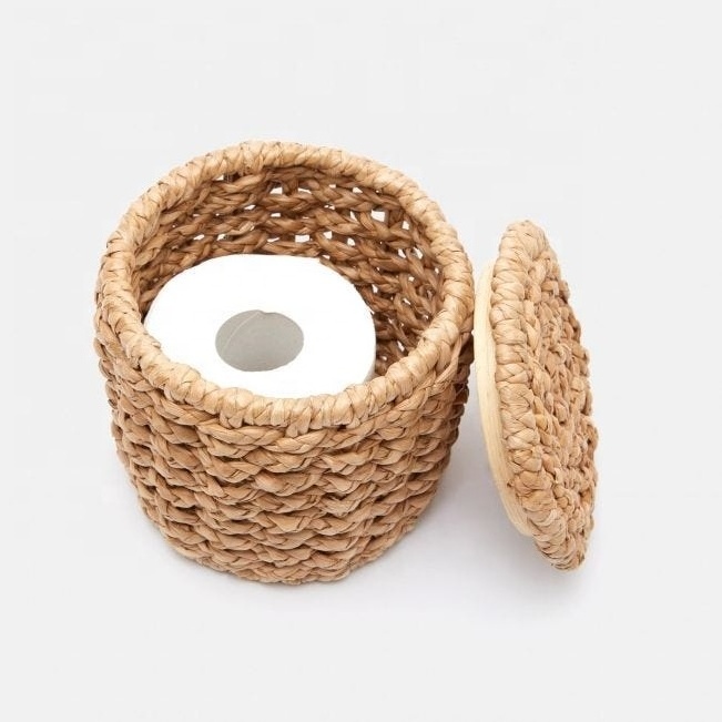 High quality natural bohemian handwoven water hyacinth paper holder hotel bathroom accessories