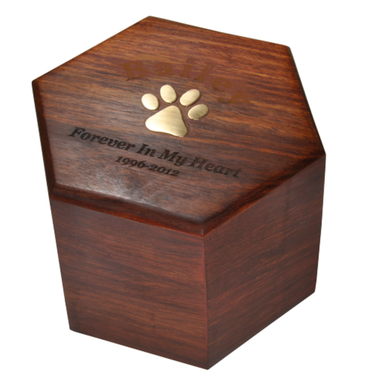 High quality best selling engraved Acacia wooden Ceremation urn Paw Print Hexagon Wood Pet Urn from Viet Nam