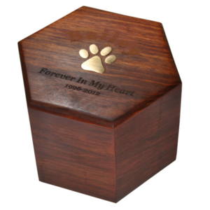 High quality best selling engraved Acacia wooden Ceremation urn Paw Print Hexagon Wood Pet Urn from Viet Nam