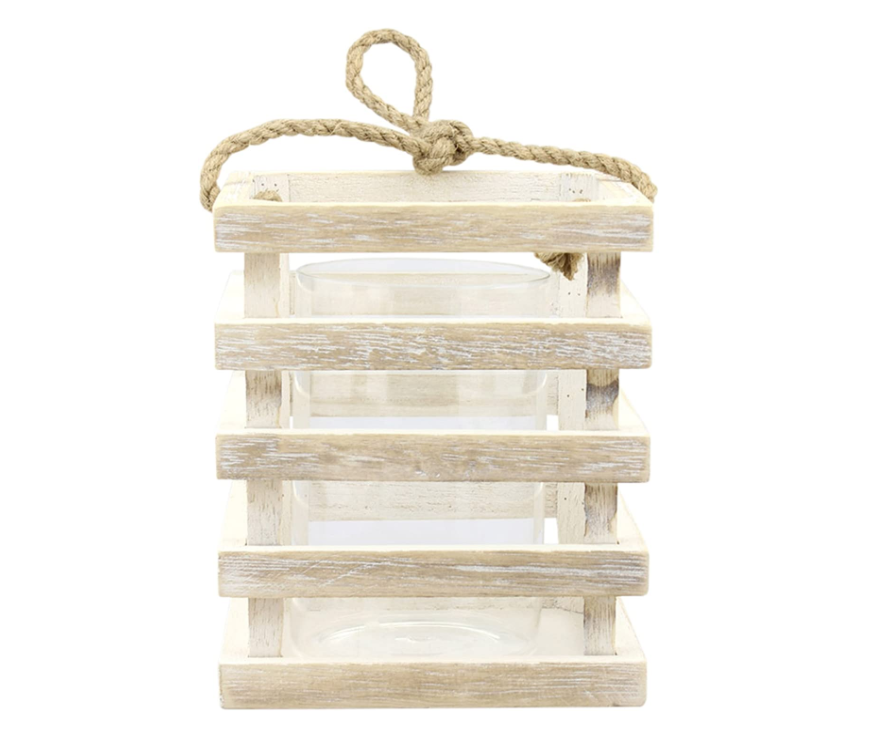 Wholesale beautiful design Stonebriar Small Worn White Wooden Beach House Candle Lantern with Rope Handle and Removable Glass