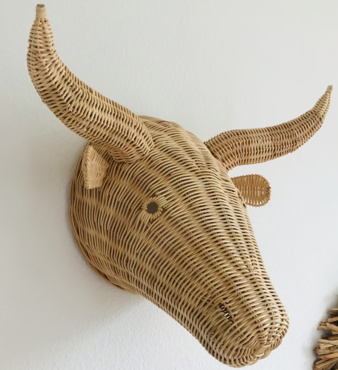 Wholesale beautiful design natural rattan woven Wicker Buffalo Head Wall decoration hanging for nursery or kids room