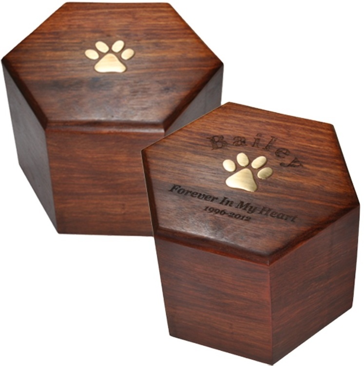 High quality best selling engraved Acacia wooden Ceremation urn Paw Print Hexagon Wood Pet Urn from Viet Nam