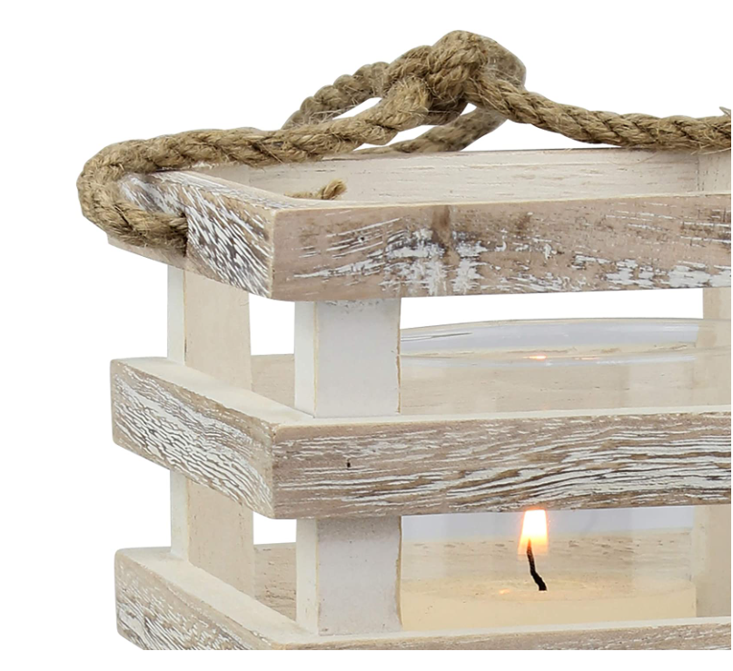 Wholesale beautiful design Stonebriar Small Worn White Wooden Beach House Candle Lantern with Rope Handle and Removable Glass