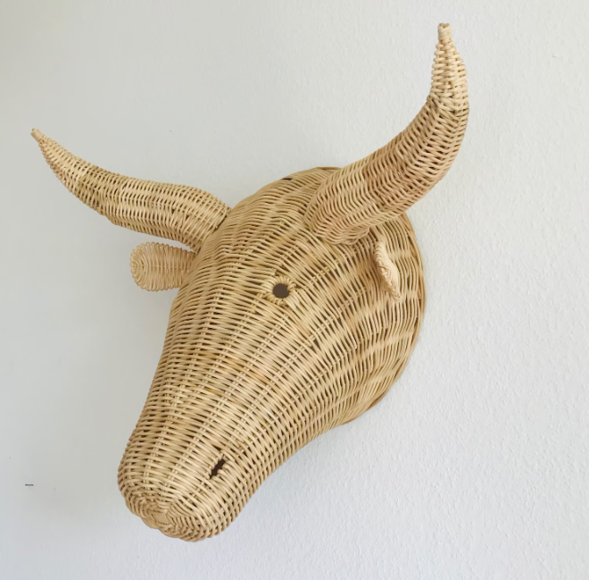 Wholesale beautiful design natural rattan woven Wicker Buffalo Head Wall decoration hanging for nursery or kids room