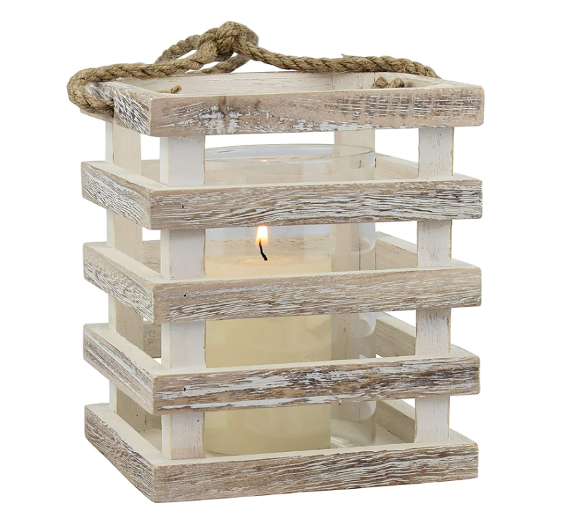 Wholesale beautiful design Stonebriar Small Worn White Wooden Beach House Candle Lantern with Rope Handle and Removable Glass