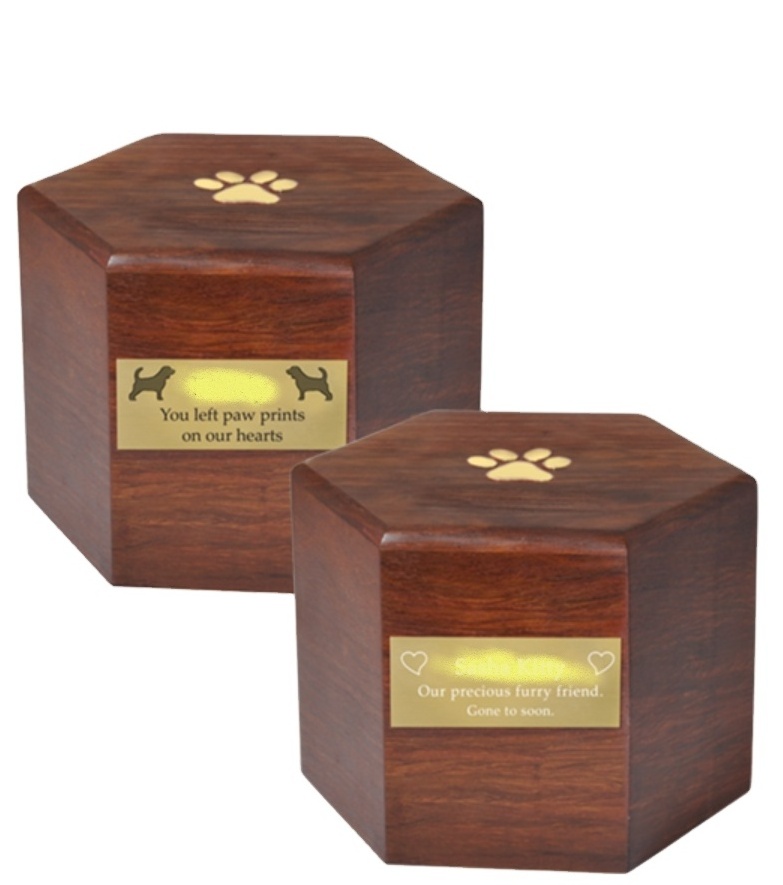 High quality best selling engraved Acacia wooden Ceremation urn Paw Print Hexagon Wood Pet Urn from Viet Nam