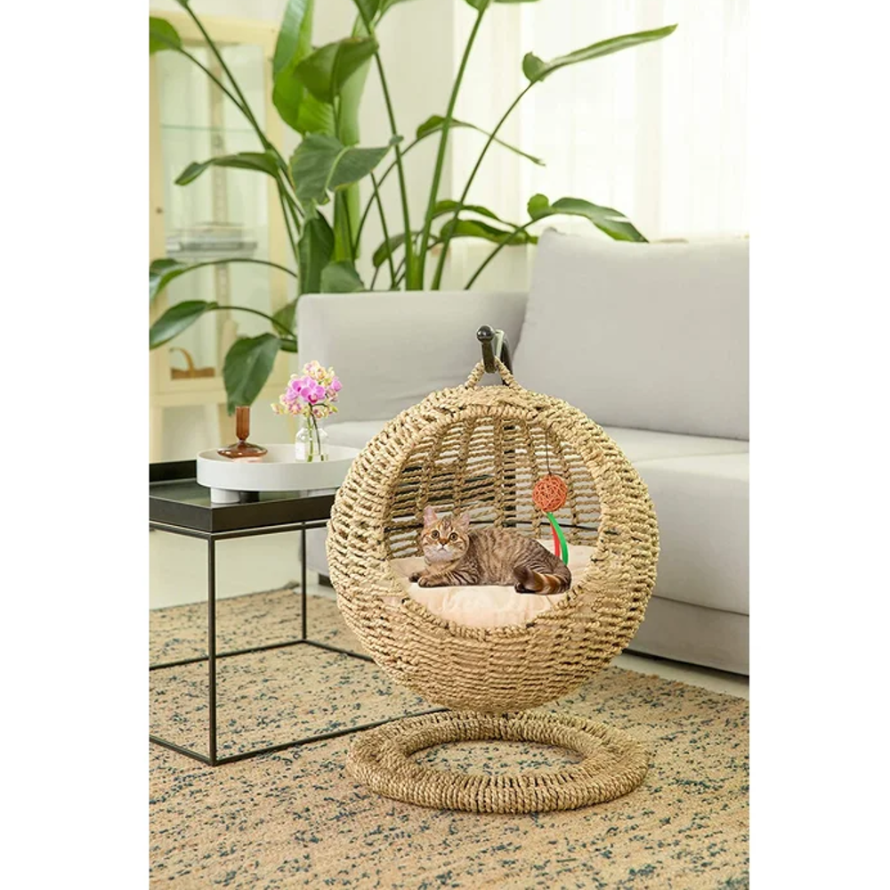 High quality handmade wicker seagrass cat bed basket swinging with cushion for dog cat hot product for 2023 from Vietnam