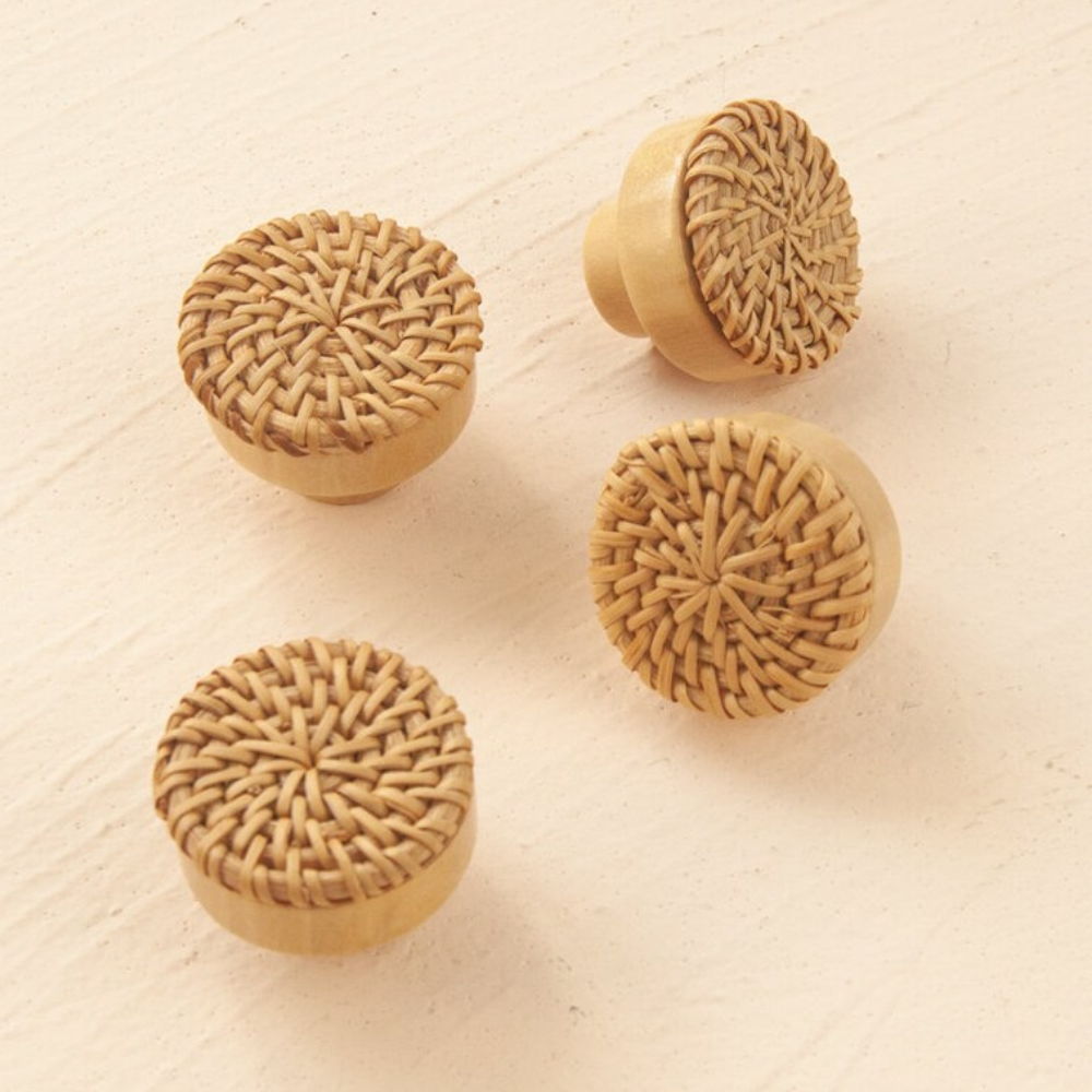 Handcrafted unique wood rattan knobs for drawer dresser cabinet door handles wholesales from Vietnam