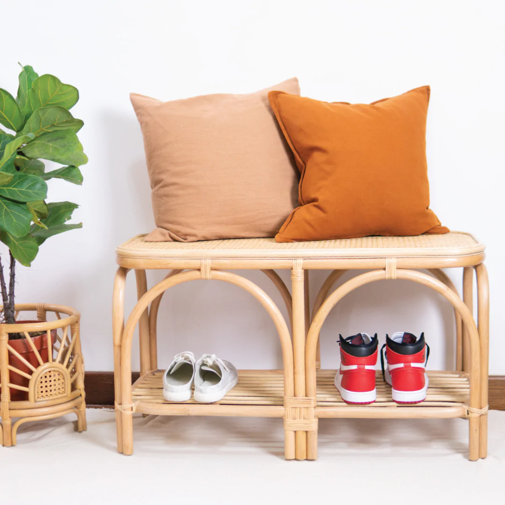 Eco-friendly high quality natural rattan bench with shelf entryway furniture decoration handmade from Vietnam