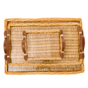 New item handwicker natural rattan serving tray with leather handles and acrylic insert antique design from Vietnam