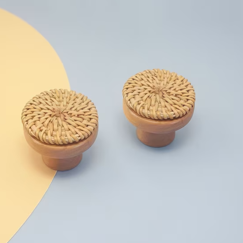 Handcrafted unique wood rattan knobs for drawer dresser cabinet door handles wholesales from Vietnam