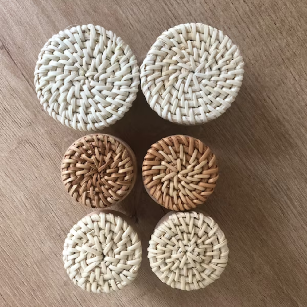 Handcrafted unique wood rattan knobs for drawer dresser cabinet door handles wholesales from Vietnam