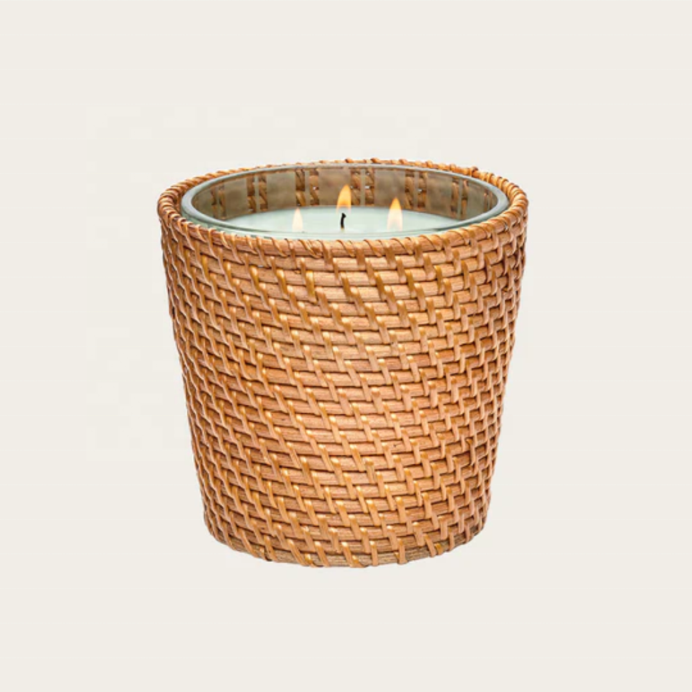 High selling handmade scented candle glass wrapped rattan calming aroma nice price from Vietnam