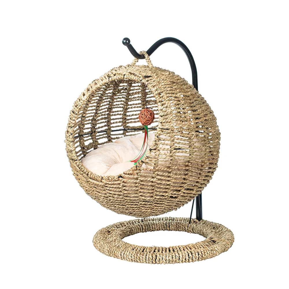 High quality handmade wicker seagrass cat bed basket swinging with cushion for dog cat hot product for 2023 from Vietnam