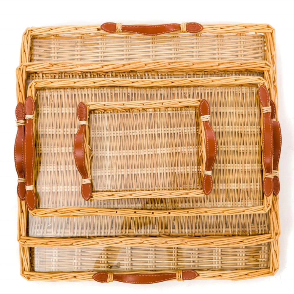 New item handwicker natural rattan serving tray with leather handles and acrylic insert antique design from Vietnam