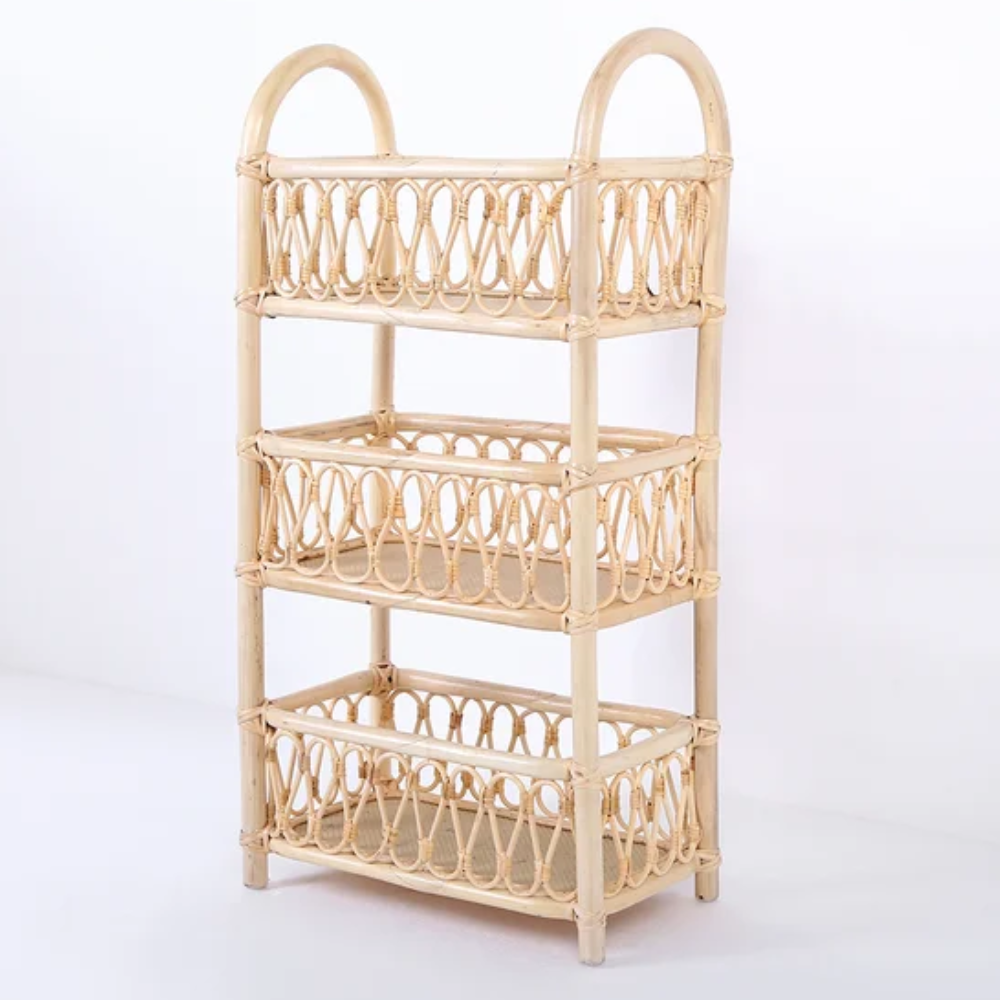 Eco-friendly Boho Woven Rattan Bookcase 3-Tier Open Storage Display Shelving Natural Color Wholesale From Vietnam