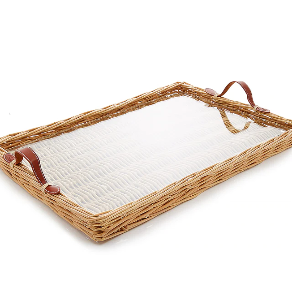 New item handwicker natural rattan serving tray with leather handles and acrylic insert antique design from Vietnam