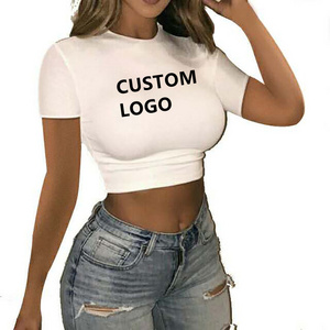 Plain Summer Women Slim Fit Polyester T-shirt Crop Top Women Top Shirts Print Basic Short Sleeve Clothing Woman Woven Crew Neck