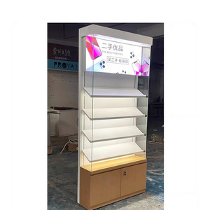 Factory custom wooden wall accessories display racks second-hand mobile phone glass door show cabinet stand