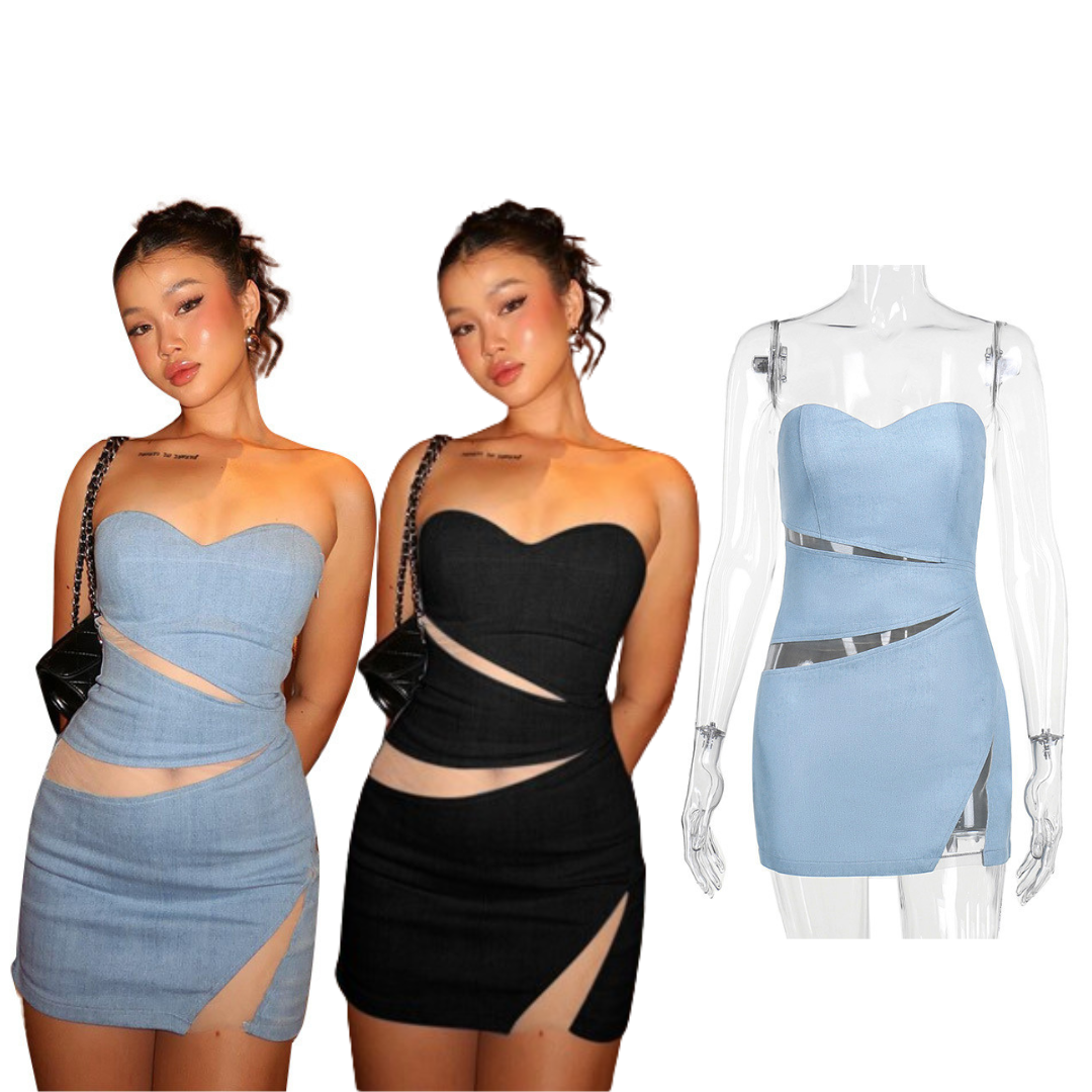 2024 Women'S Summer Fashion Sleeveless Strapless Dress Sexy Sheer Mesh Patchwork Hip Wrap Denim Dress Casual Dresses