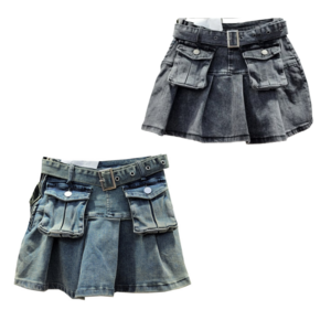 2024 Women'S Asymmetrical Vintage Denim Skirt Multi-Pocket Sexy Skirt High-Waisted Anti-Slip A-Line Pleated Skirt