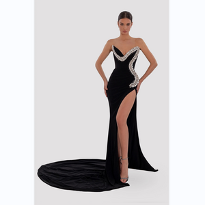 A7705   Luxury stylish prom off shoulder sleeveless black high slit long trailing elegant ball evening women maxi dress