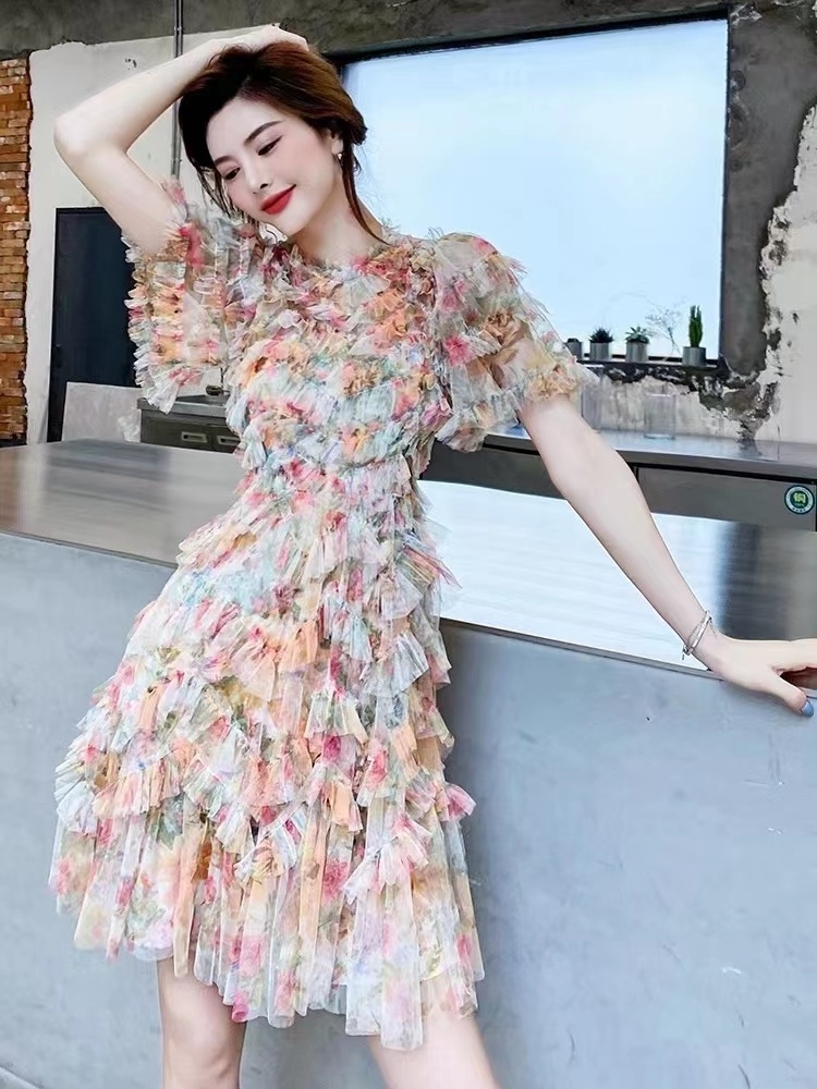 A7633  Ready to ship clothing women floral Cascading Ruffle Design Chiffon  short mini dress 2023 summer trend