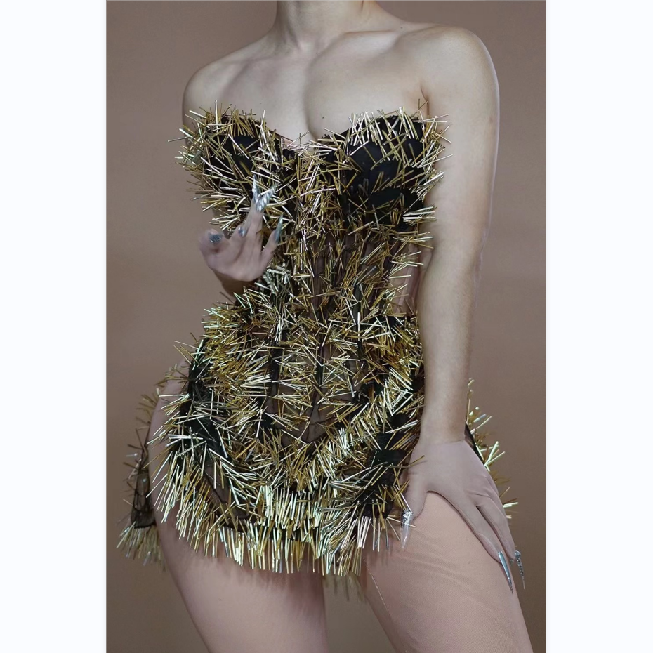 A8468 New Fashion Design Strapless High Split Gold Sequin Tassel Cocktail Prom Sexy Short Mini Women Dresses