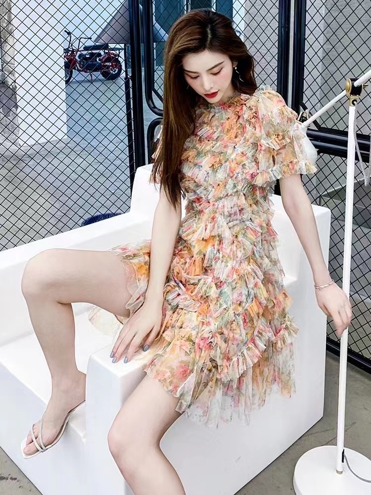 A7633  Ready to ship clothing women floral Cascading Ruffle Design Chiffon  short mini dress 2023 summer trend