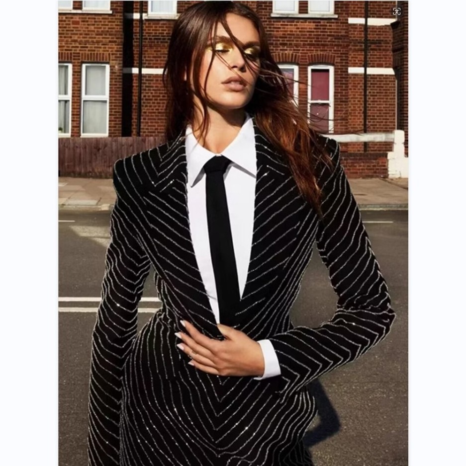 A8691 Fashionable Stylish Lapel Rhinestone Beaded Temperament Commuter Simple Blazer Dress Women's mini Dress